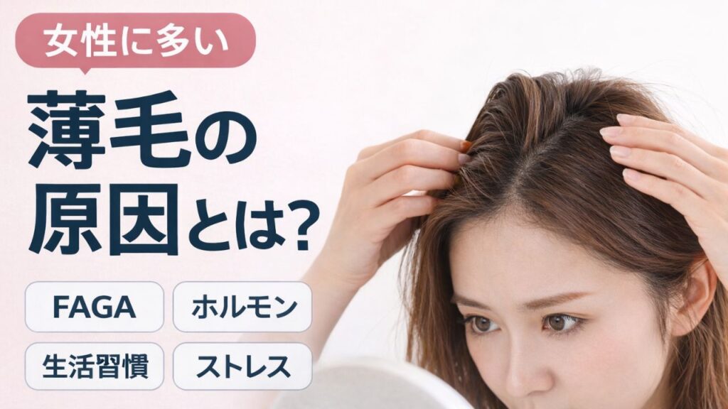 女性が分け目の薄さを気にして鏡で頭皮を確認している様子