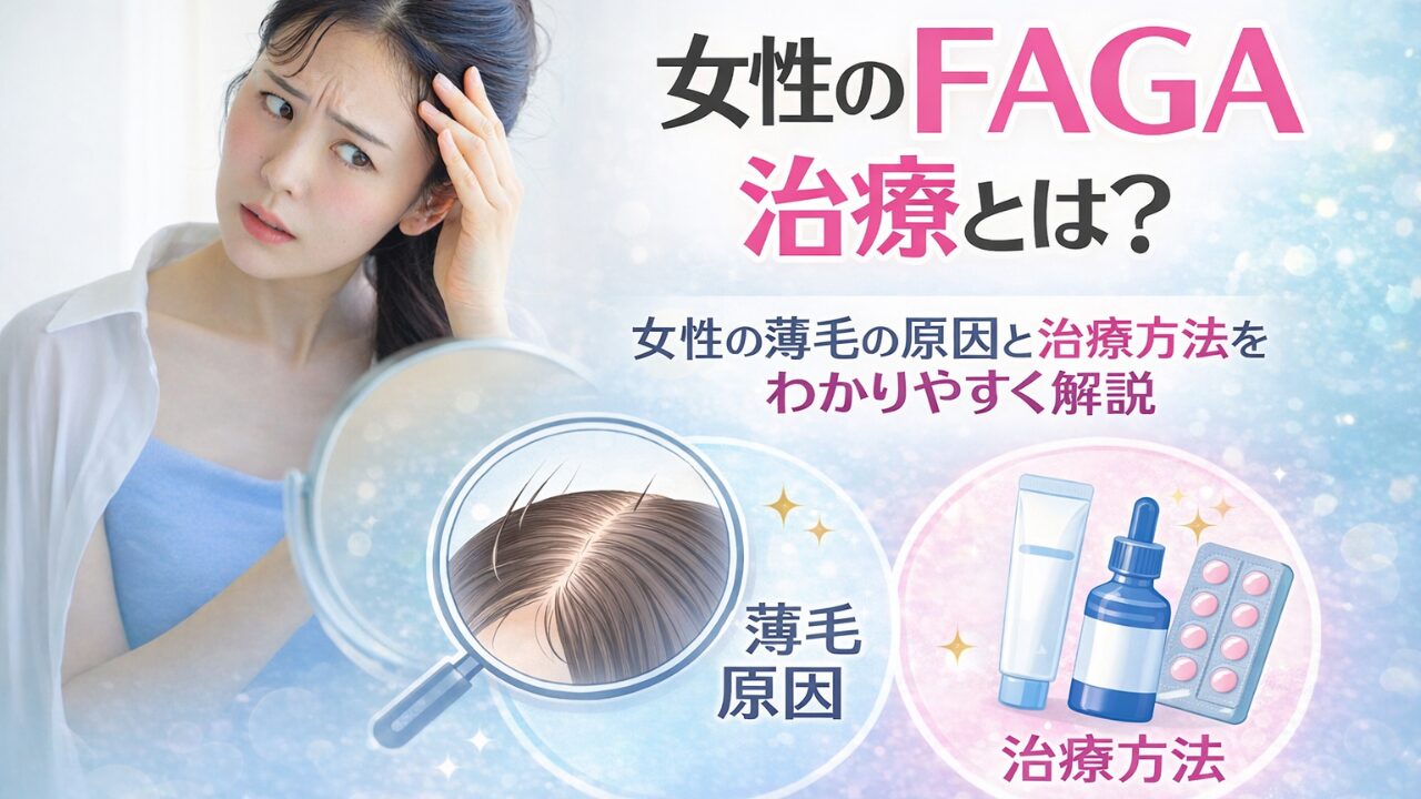 女性が鏡の前で頭皮を確認しながら薄毛を気にする様子。女性のFAGA治療（原因・治療方法）を解説するアイキャッチ画像