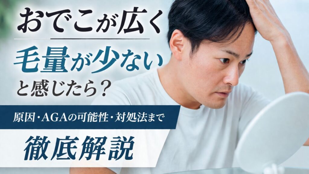 おでこが広い・毛量が少ないと悩む男性が生え際を確認している様子とAGAの可能性を解説する画像