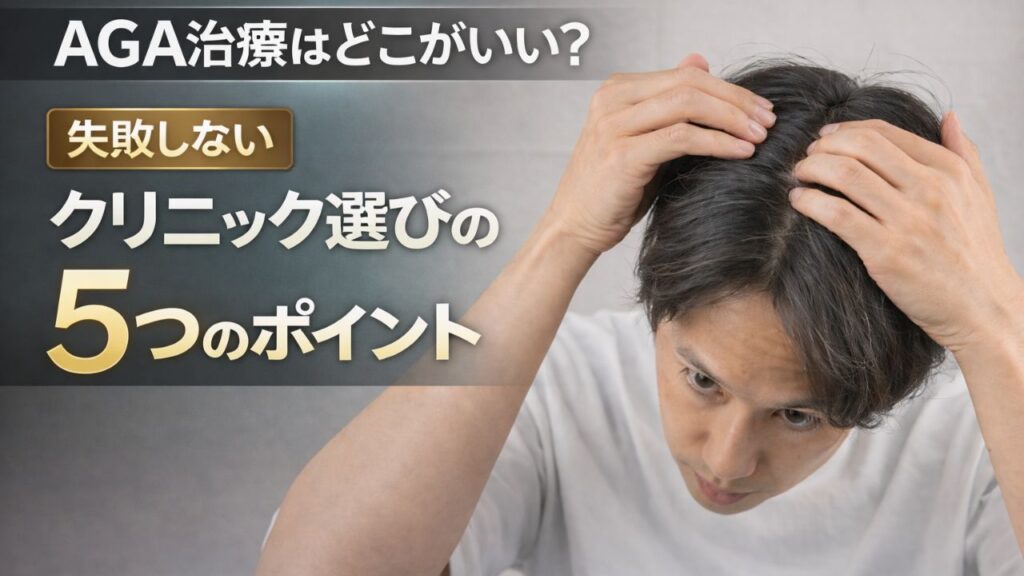 AGA治療はどこがいいか悩み、頭皮を確認している男性のイメージ