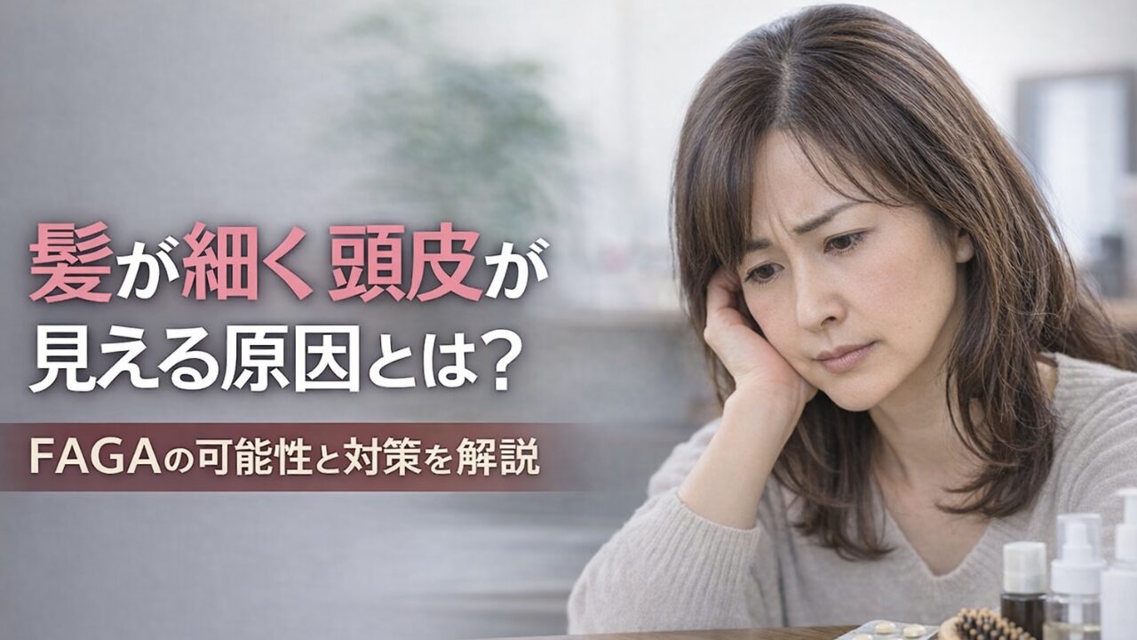 髪が細くなり頭皮が見える女性の原因とFAGAの可能性・対策を解説する画像