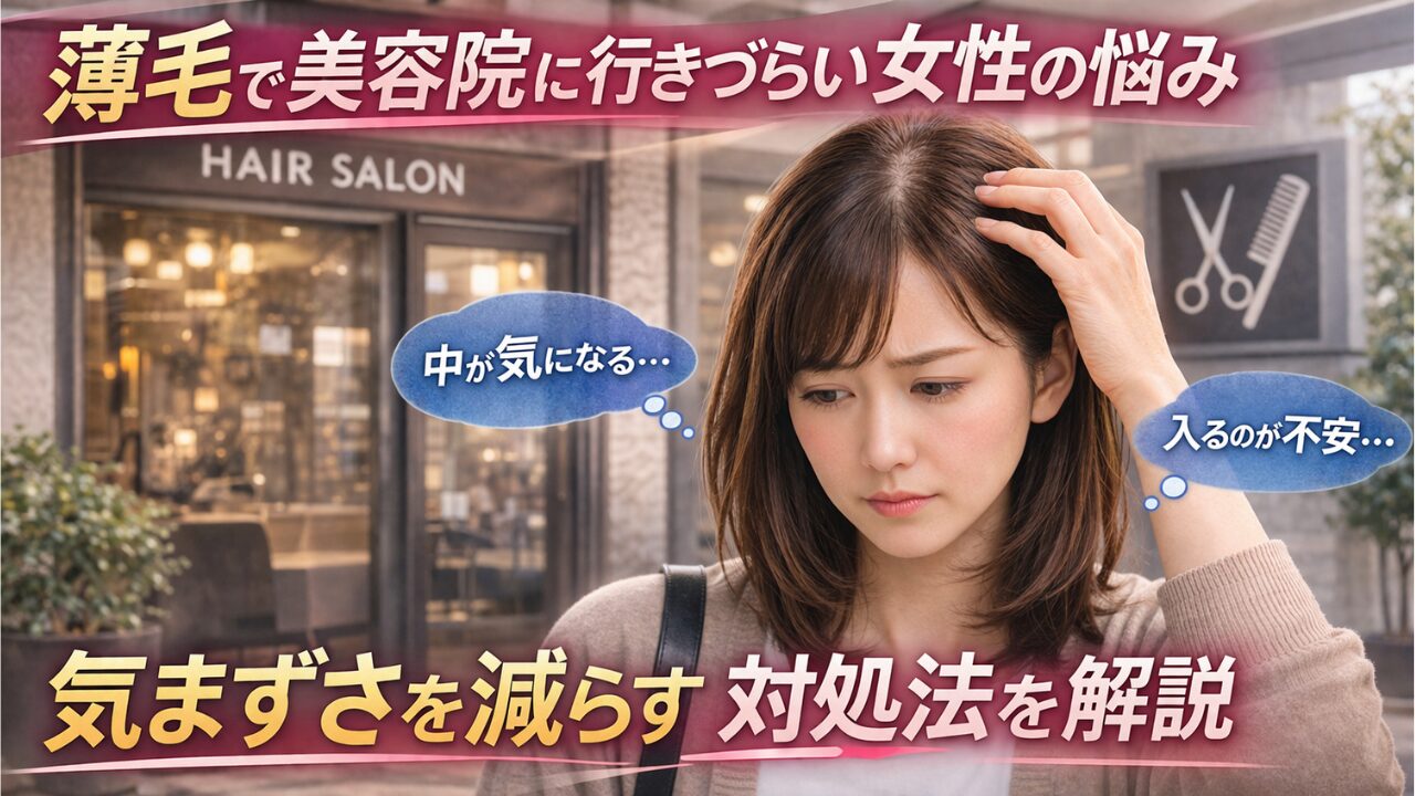 薄毛で美容院に行きづらいと悩む女性と対処法を解説するイメージ画像