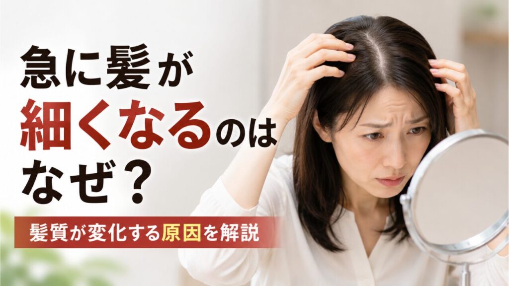 鏡を見ながら髪の分け目を確認する女性