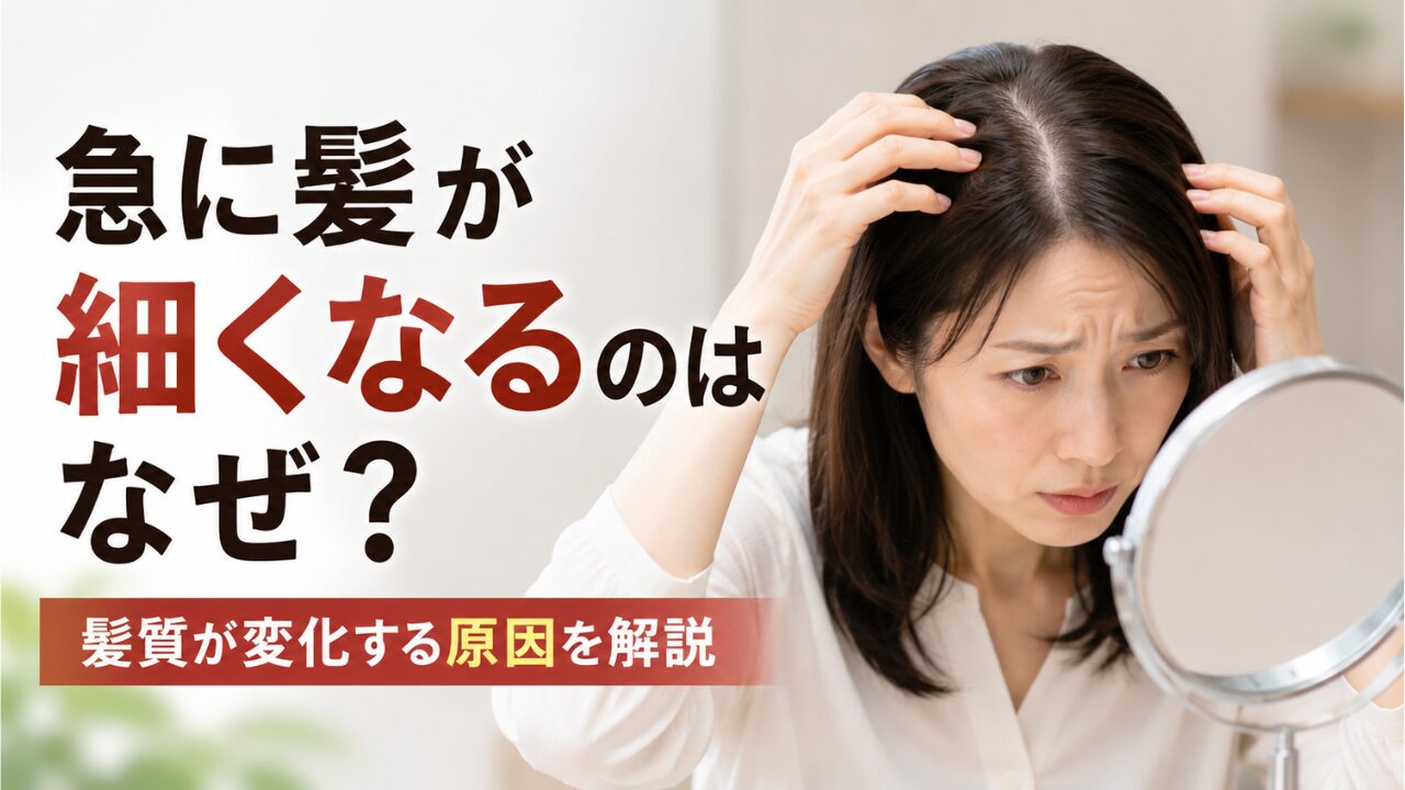 鏡を見ながら髪の分け目を確認する女性