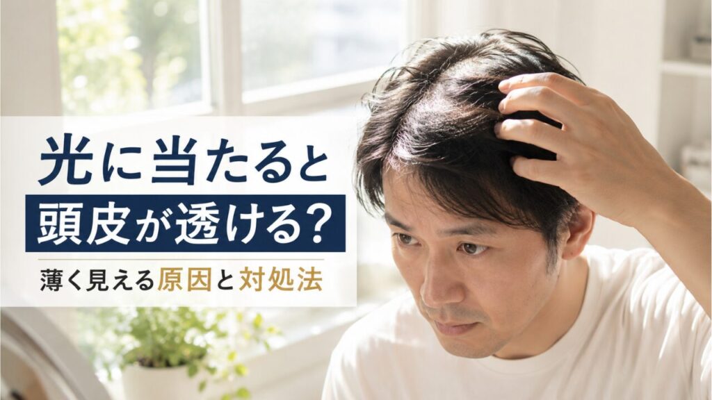 光に当たると頭皮が透けて見えることを気にして、髪をかき分ける男性