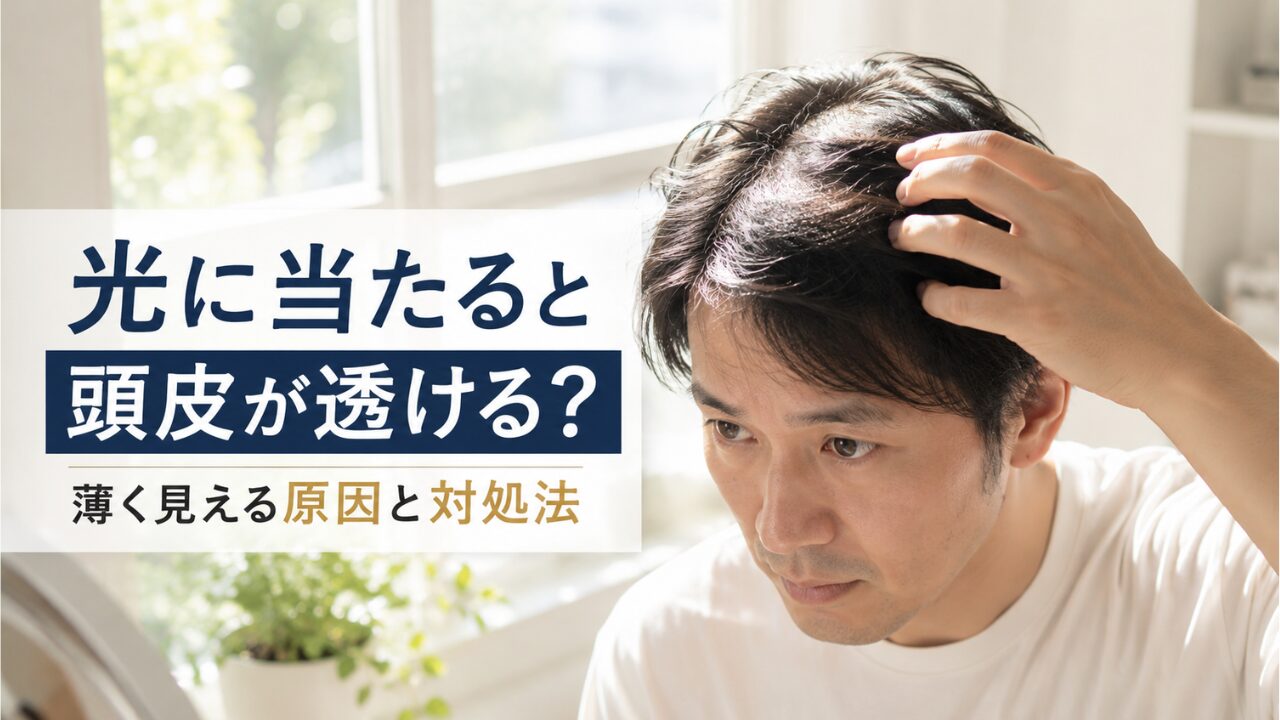 光に当たると頭皮が透けて見えることを気にして、髪をかき分ける男性