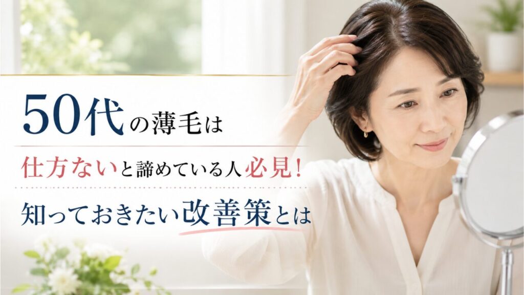 鏡を見ながら髪の分け目を確認する50代女性と薄毛対策