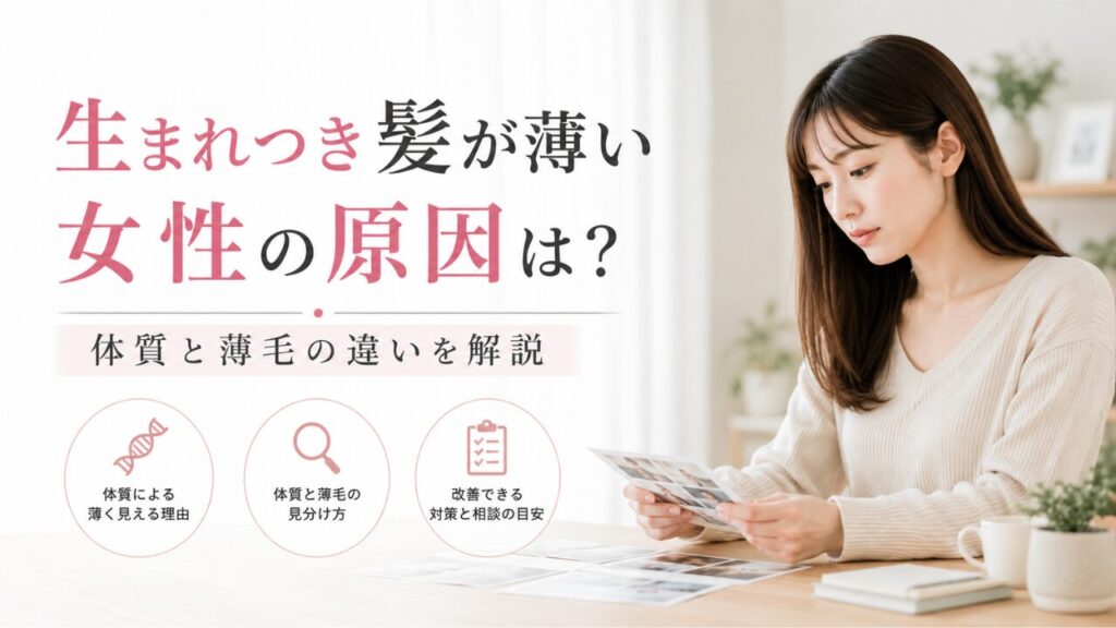 生まれつき髪が薄いと感じる女性が、体質による見え方と後天的な薄毛の違いを確認しているイメージ