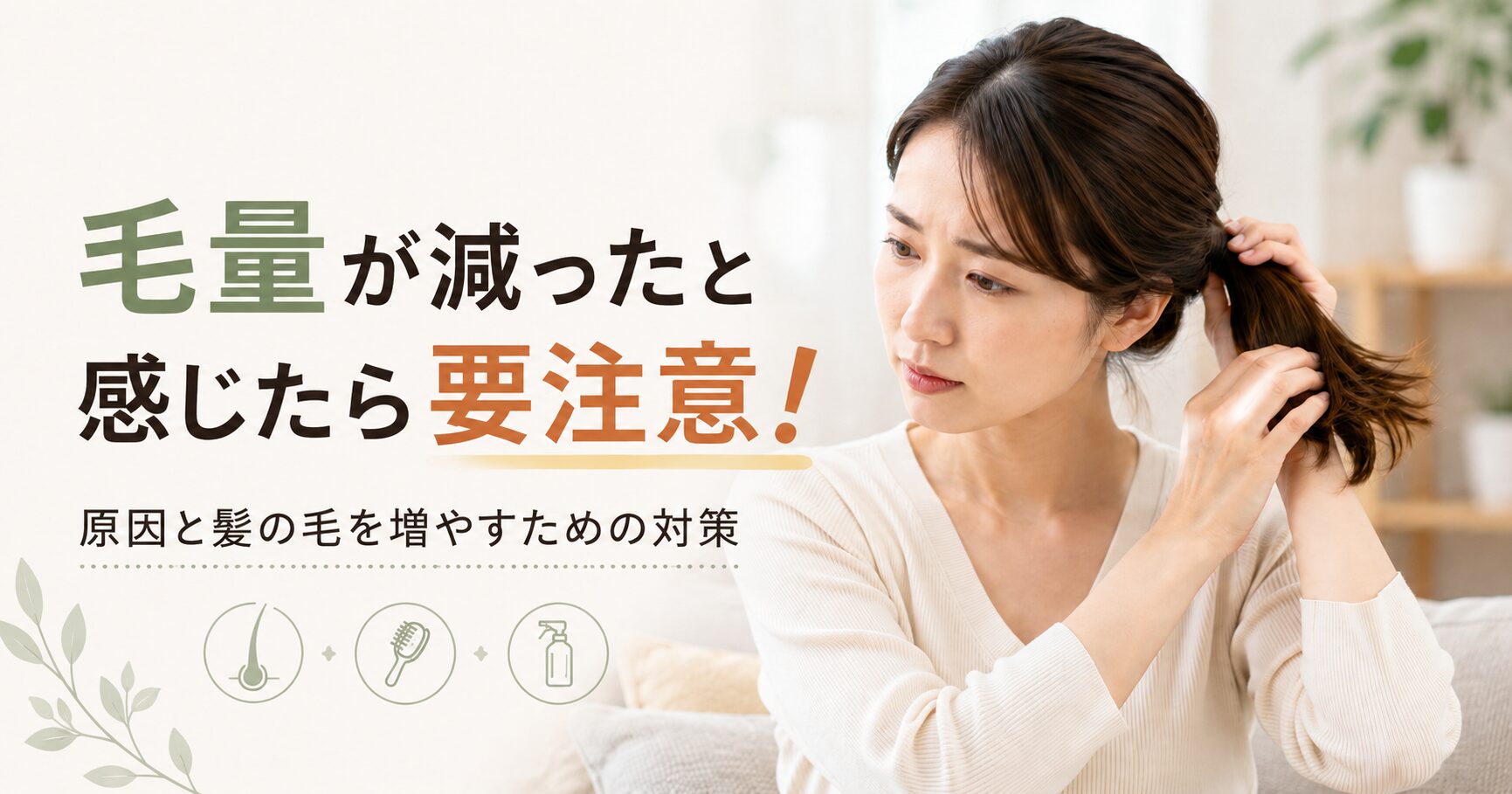毛量が減ったと感じ、髪を結びながら薄毛やボリューム低下を気にする女性