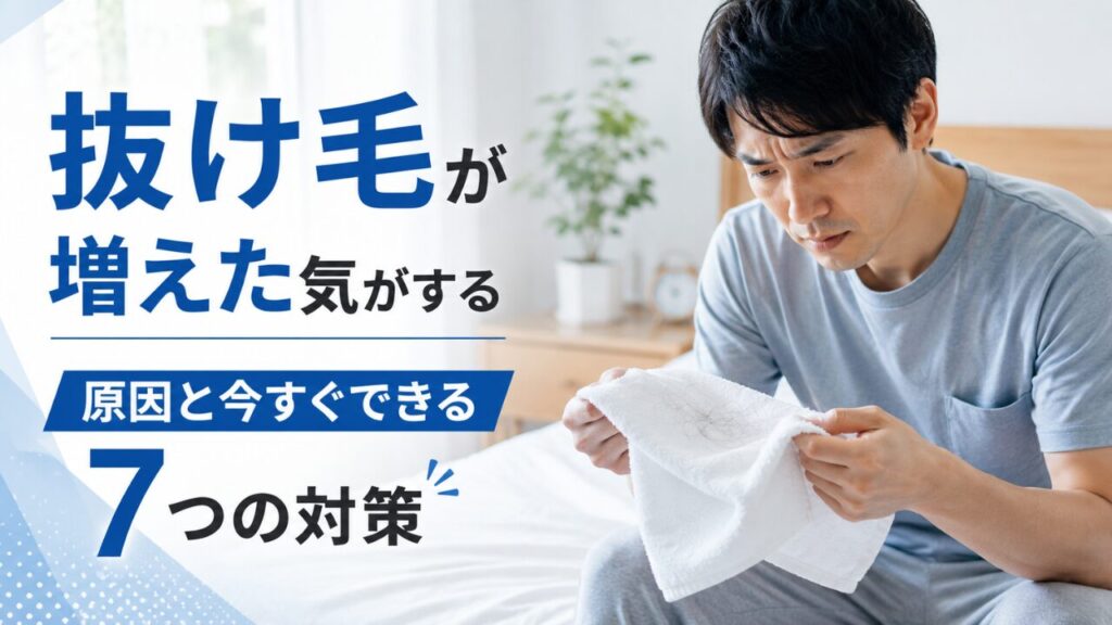 タオルについた抜け毛を見て、髪の状態を気にする男性の画像