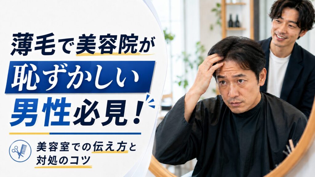 薄毛が気になって美容院で髪を確認する男性と、美容師が相談に乗る様子