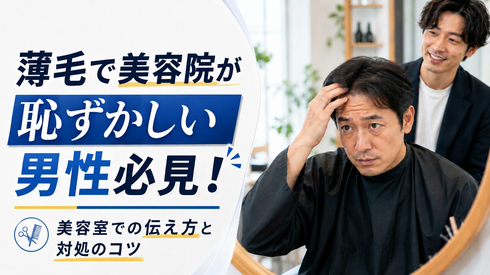 薄毛が気になって美容院で髪を確認する男性と、美容師が相談に乗る様子