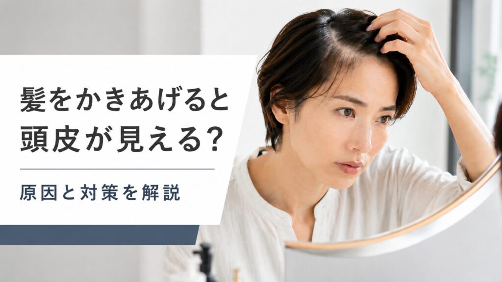 髪をかきあげて頭皮の見え方を鏡で確認する女性