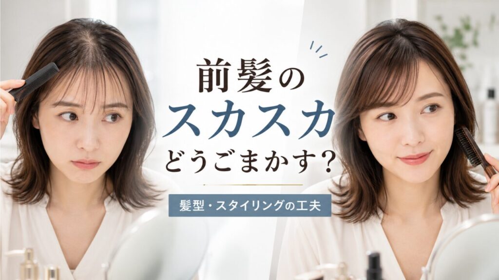 前髪のスカスカ感を目立ちにくくする髪型やスタイリングの工夫を紹介する画像