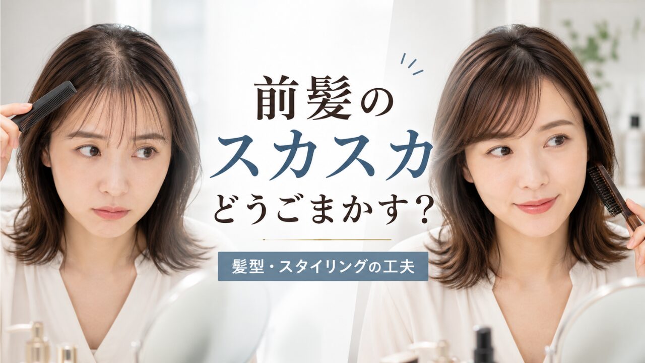 前髪のスカスカ感を目立ちにくくする髪型やスタイリングの工夫を紹介する画像